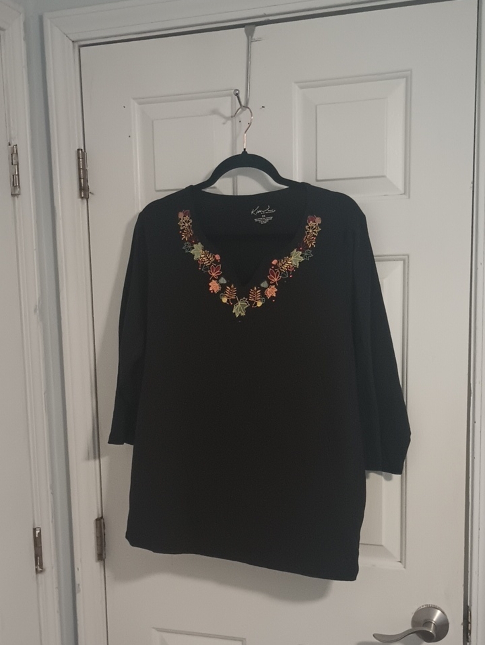 Kim Rogers Black Long Sleeve V-Neck Top with Multicolor Floral Embroidery
